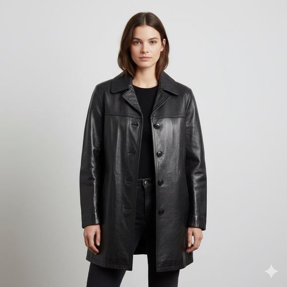 Roots Jackets & Blazers - Vintage 90s Y2K Roots Black 100% Leather Straight Cut Mid Length Car Coat - 6/S